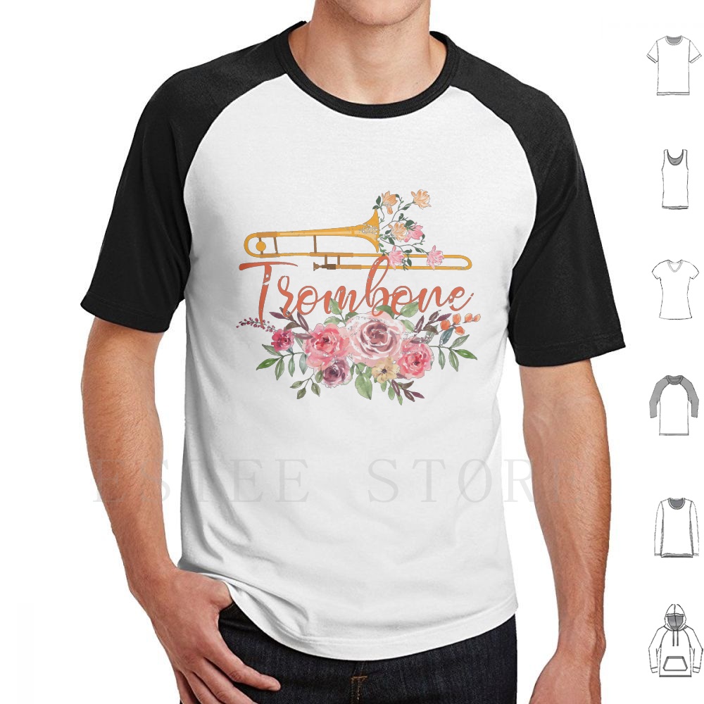 Musical Instrument Trombone - 花トロンボーン Tシャツ綿男性 DIY プリントトロンボーントロンボーン奏者トロンボーンプレーヤー音楽ミュージシャン楽器楽器