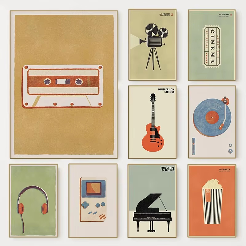 Musical Instrument Manufacturers - レトロな中世風ポップミュージック楽器ポスター | 90年代のファッションミュージカルキャンバスアート | 家、リビングルーム、バーの装飾
