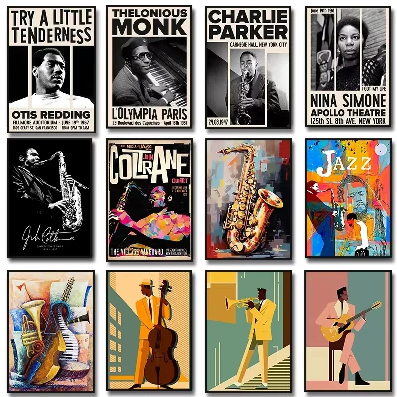 Musical Instrument Painting - ジャズ音楽サックスギターチェロジョンコルトレーンニーナシモンアートポスターキャンバス絵画壁プリント画像ルームホームデコ