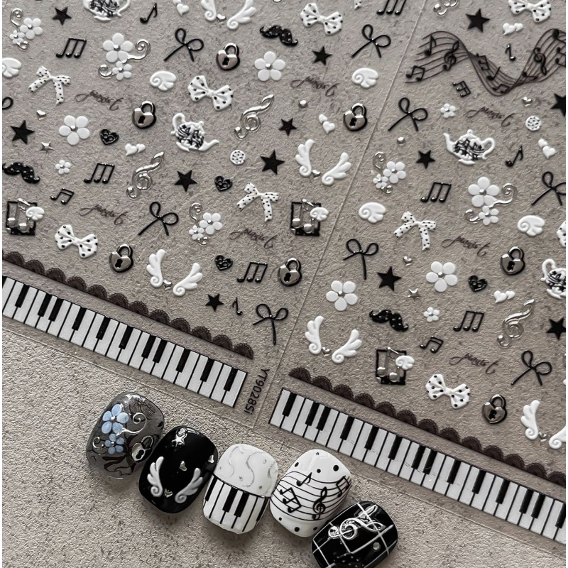 Musical Instrument Painting - 黒白ピアノノートネイルステッカーレトロ音楽スタイル甘くてクールなネイルステッカー 3D 自己粘着ネイルアート装飾デカール