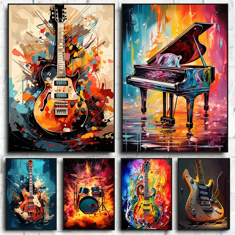 抽象的なカラフルなアート楽器ドラムキットギターポスタープリン - Musical Instrument Painting のレビューと価格